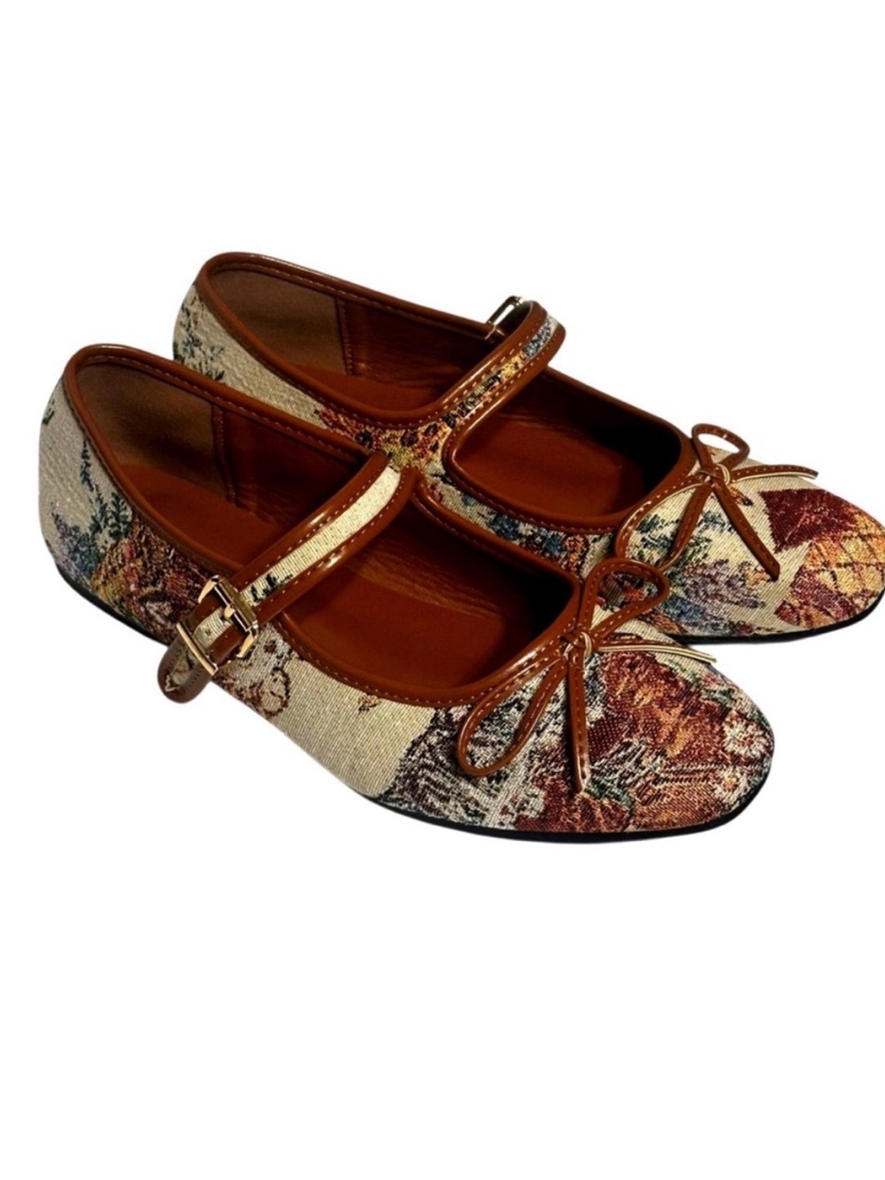 Cider Bow Knot Jacquard Tapestry Floral Mary Jane Flats - Brown/Multicolor